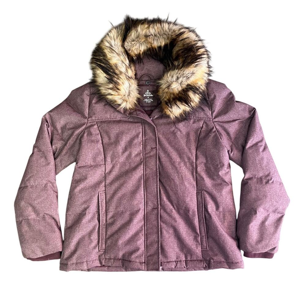 Prana Jasmine Jacket Womens XL Purple Down Faux Fur Collar Winter Full Zip
